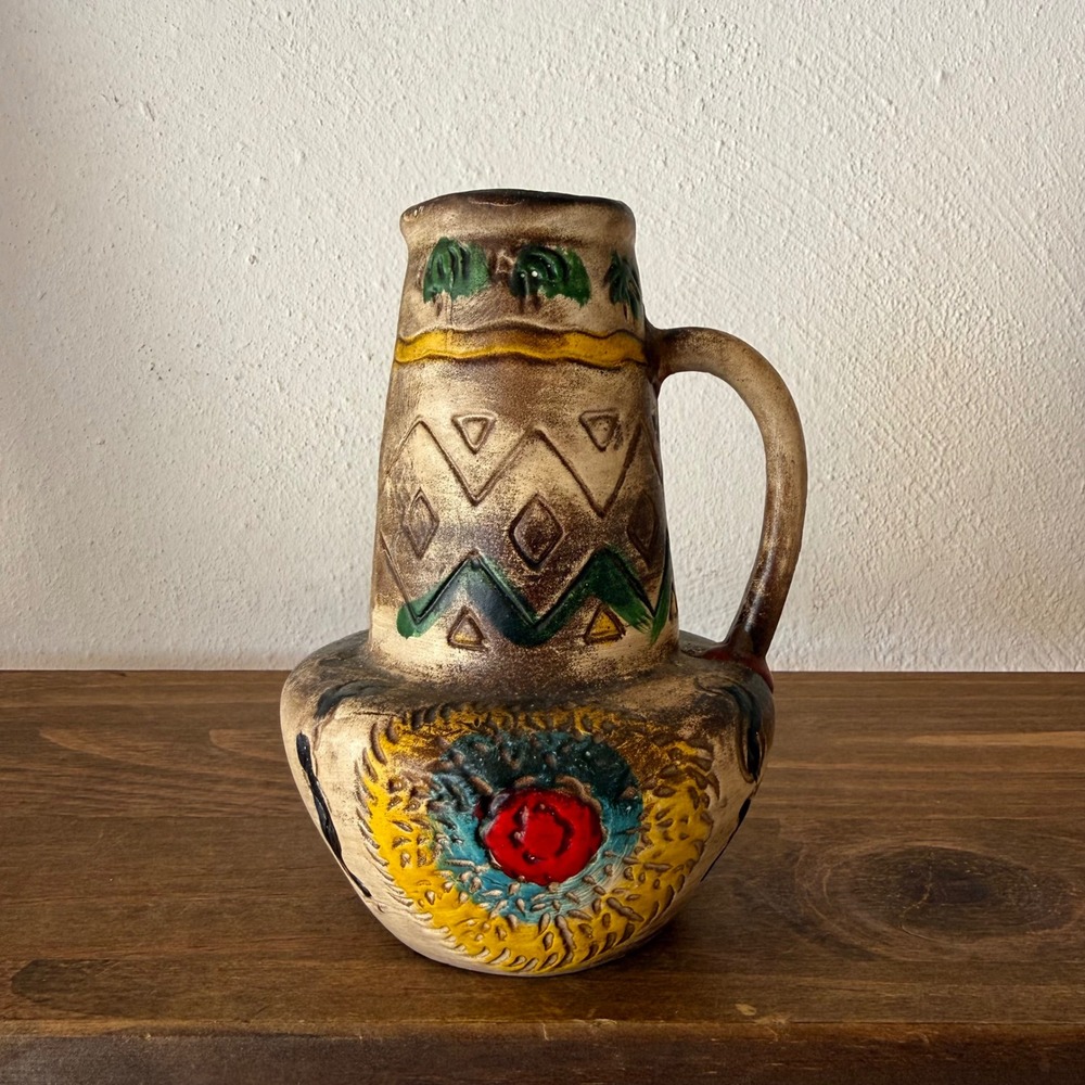 Vintage Durval Japan Hand Painted Ceramic Pitcher Vase Brown Geometric Folk Art